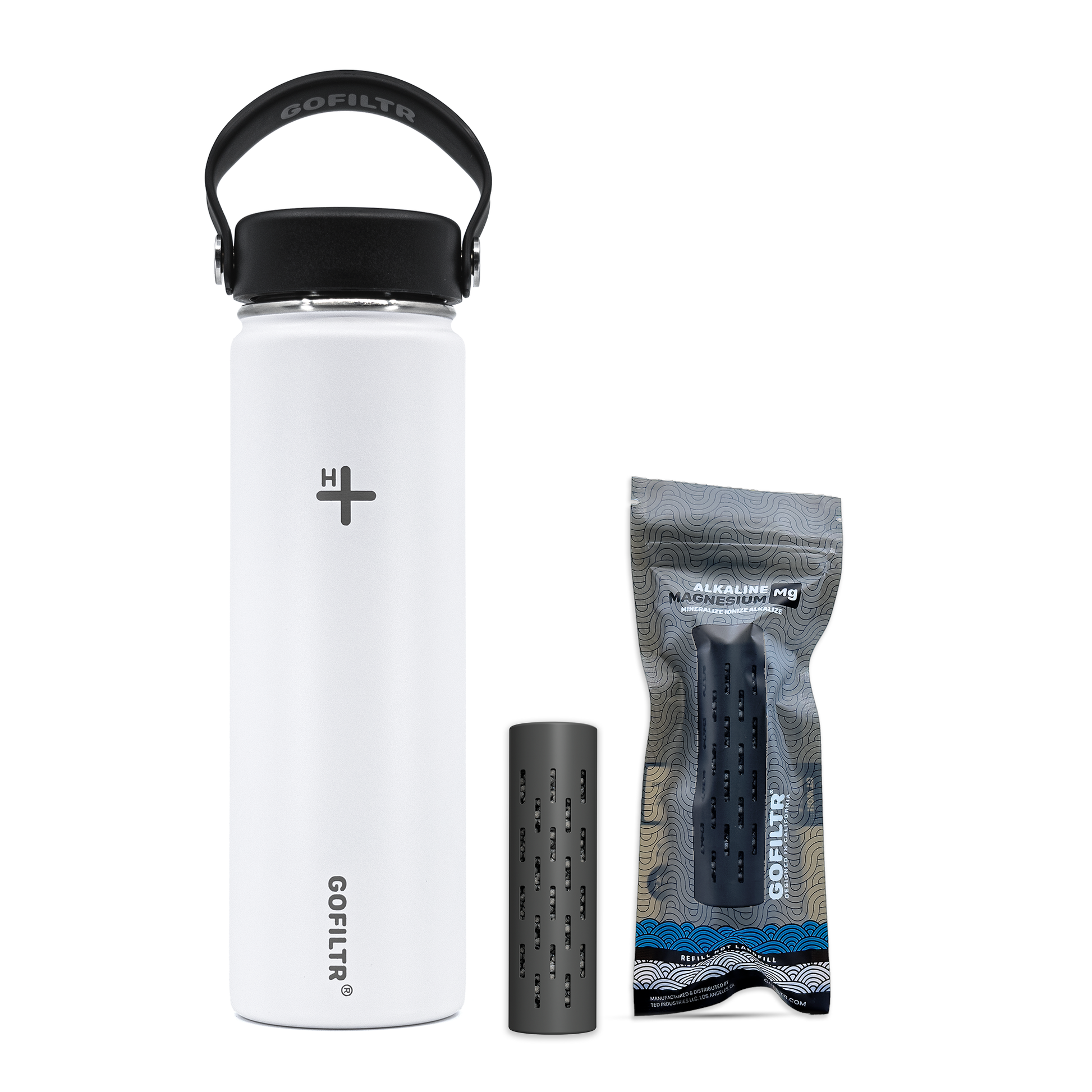 GOFILTR 50 oz Alkaline Magnesium Water Bottle Kit | 2 Magnesium Mineral Water Infusers + 50 oz Insulated Stainless Steel Water Bottle Jug (Cotton /