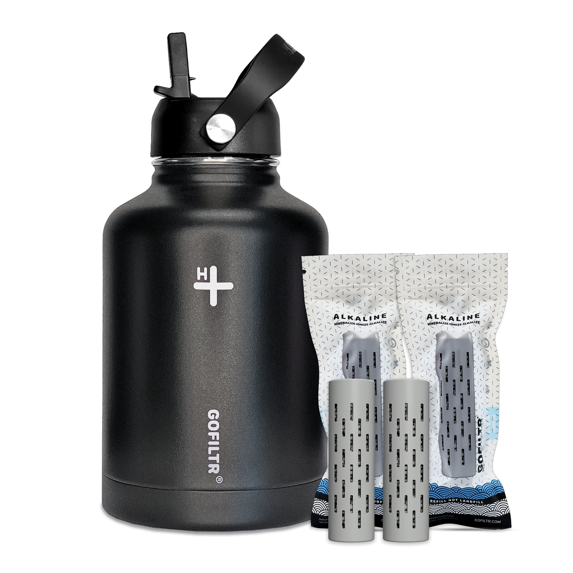 GOFILTR 50 oz Alkaline Water Bottle with Straw Lid + 2 Magnesium 9.5 PH Alkaline Water Infusers/Sport Insulated Water Bottle Jug/Creates Alkaline