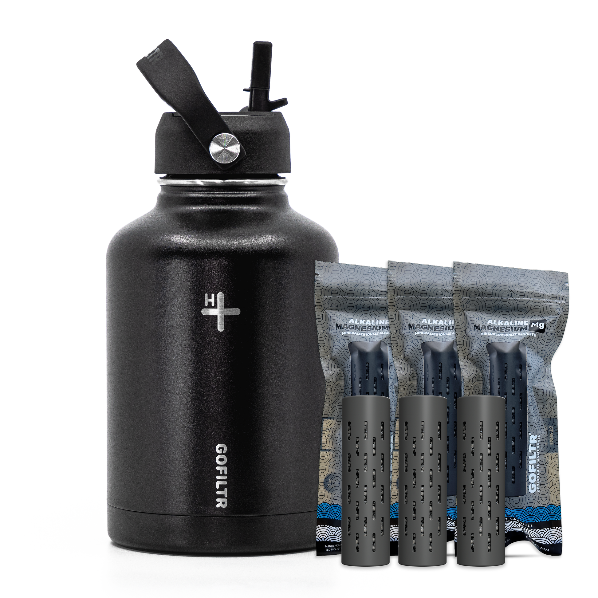 GOFILTR 9.5 PH Alkaline Water Bottle 50 oz + Straw Lid 50 oz Onyx / Magnesium / 3 Infusers
